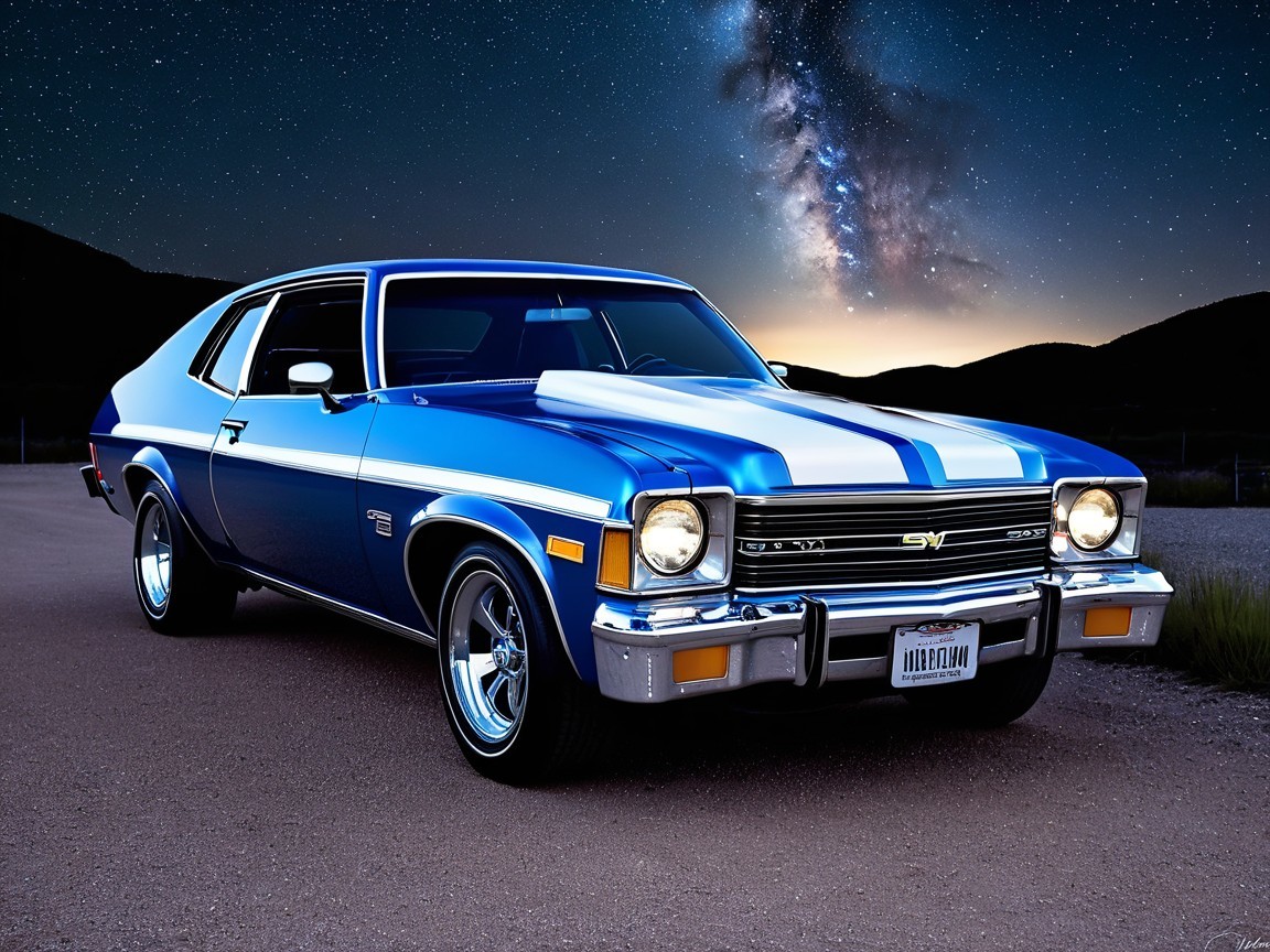 Classic Muscle Car in Night Setting with Blue Body