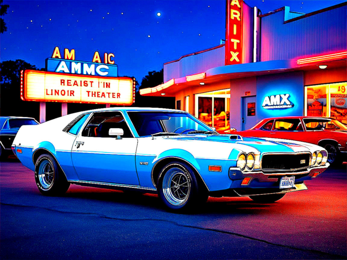 1970s Classic Car by Vintage Theater with Neon Marquee