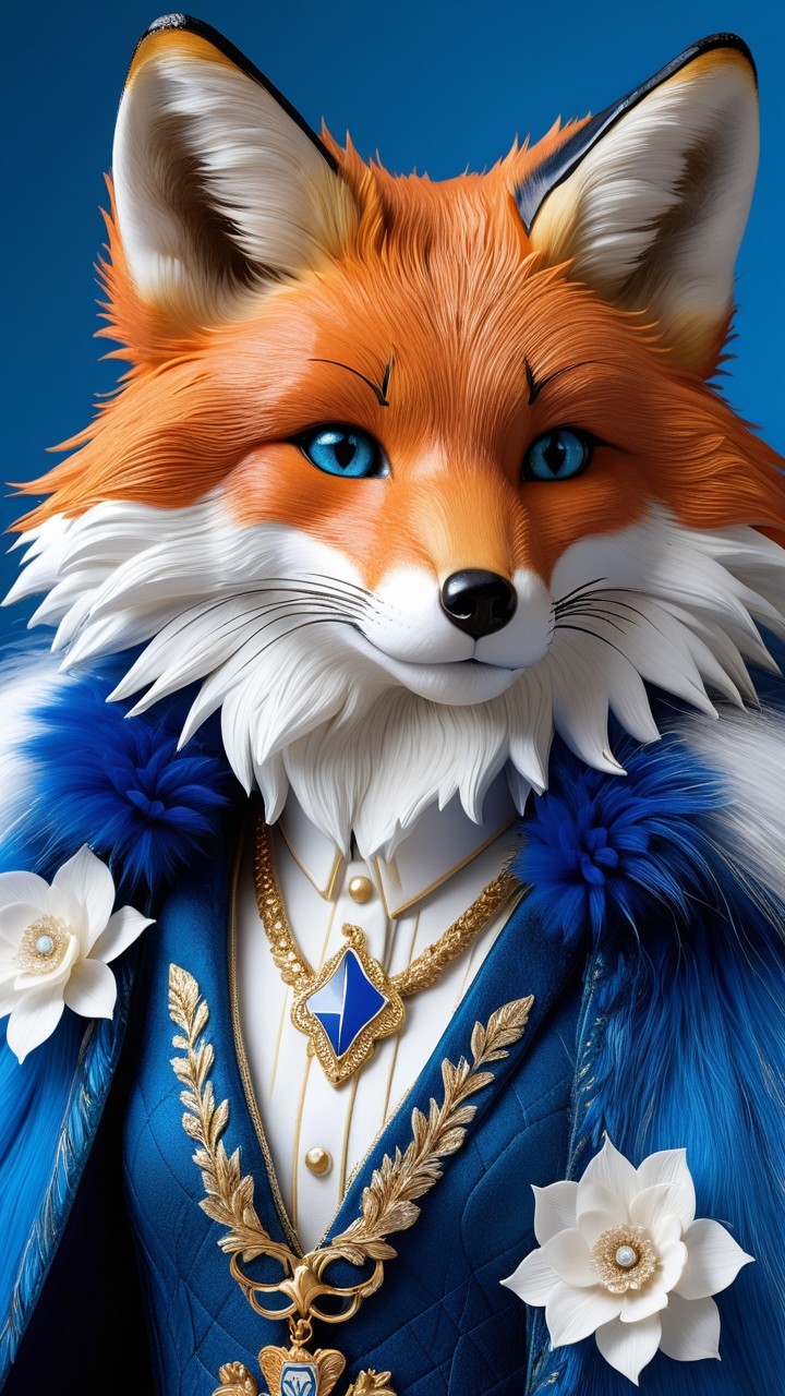 Stylized anthropomorphic fox in elegant blue attire