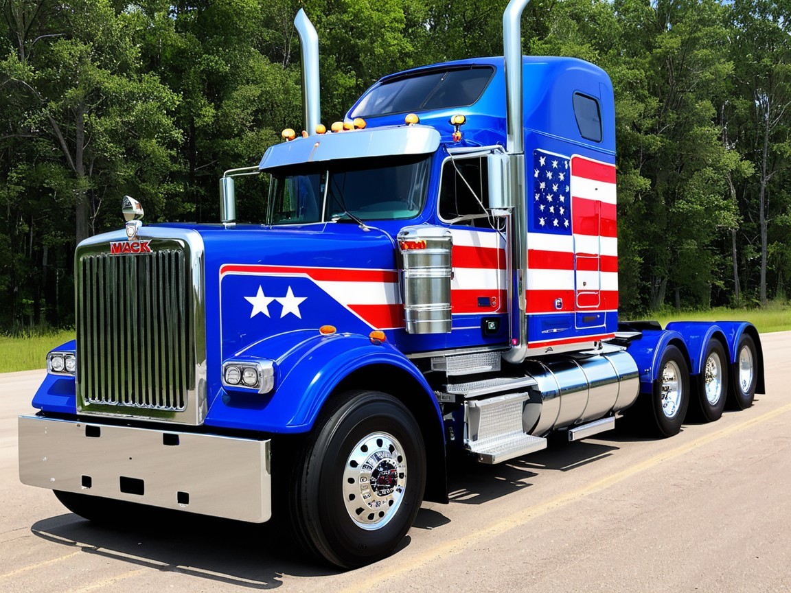 Blue Mack Truck with American Flag Design and Chrome Accents