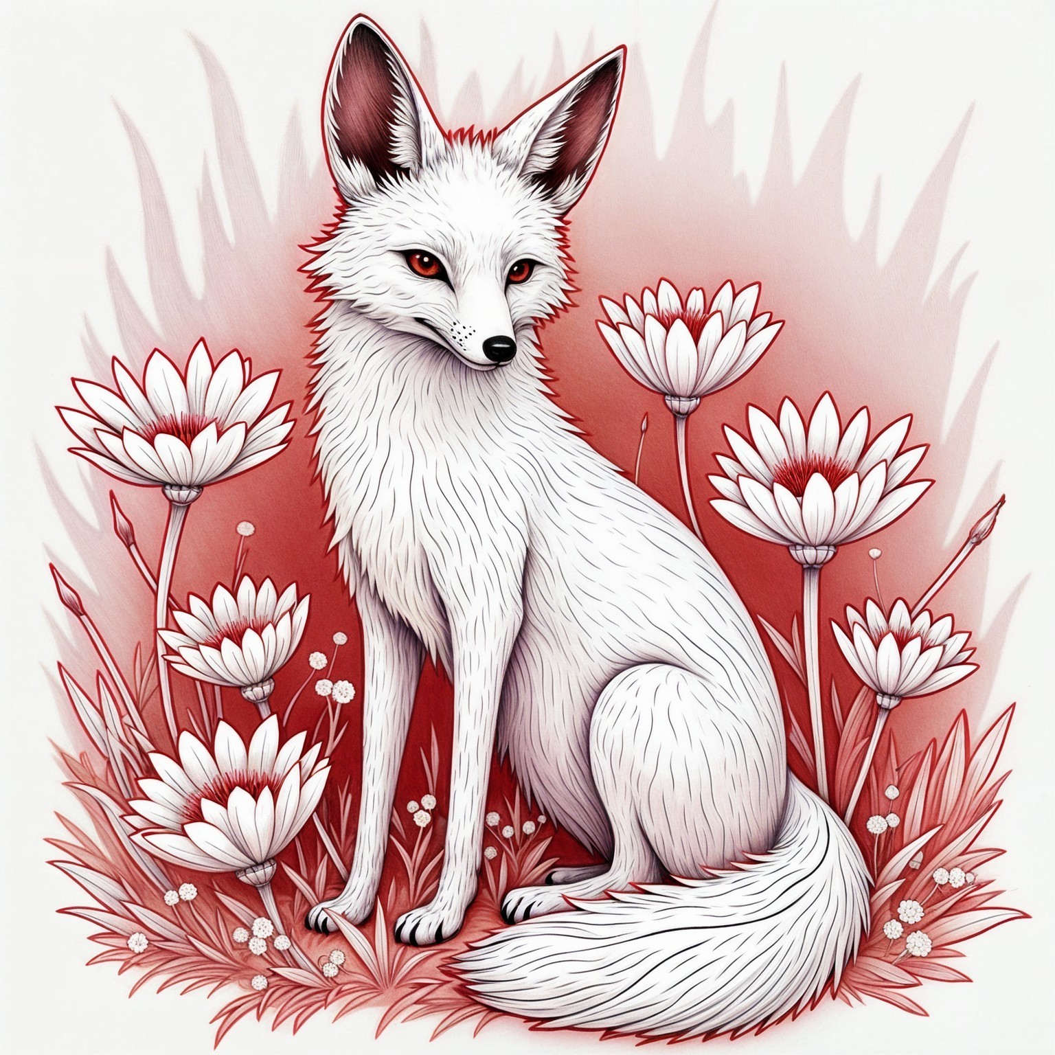 Illustration of a white fox among colorful flowers