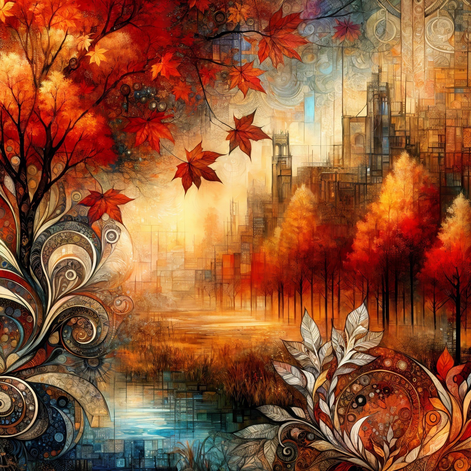 Vivid Autumn Landscape with Colorful Foliage and Cityscape