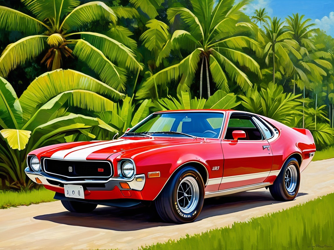 Vibrant Red Sports Car Amid Tropical Palm Trees