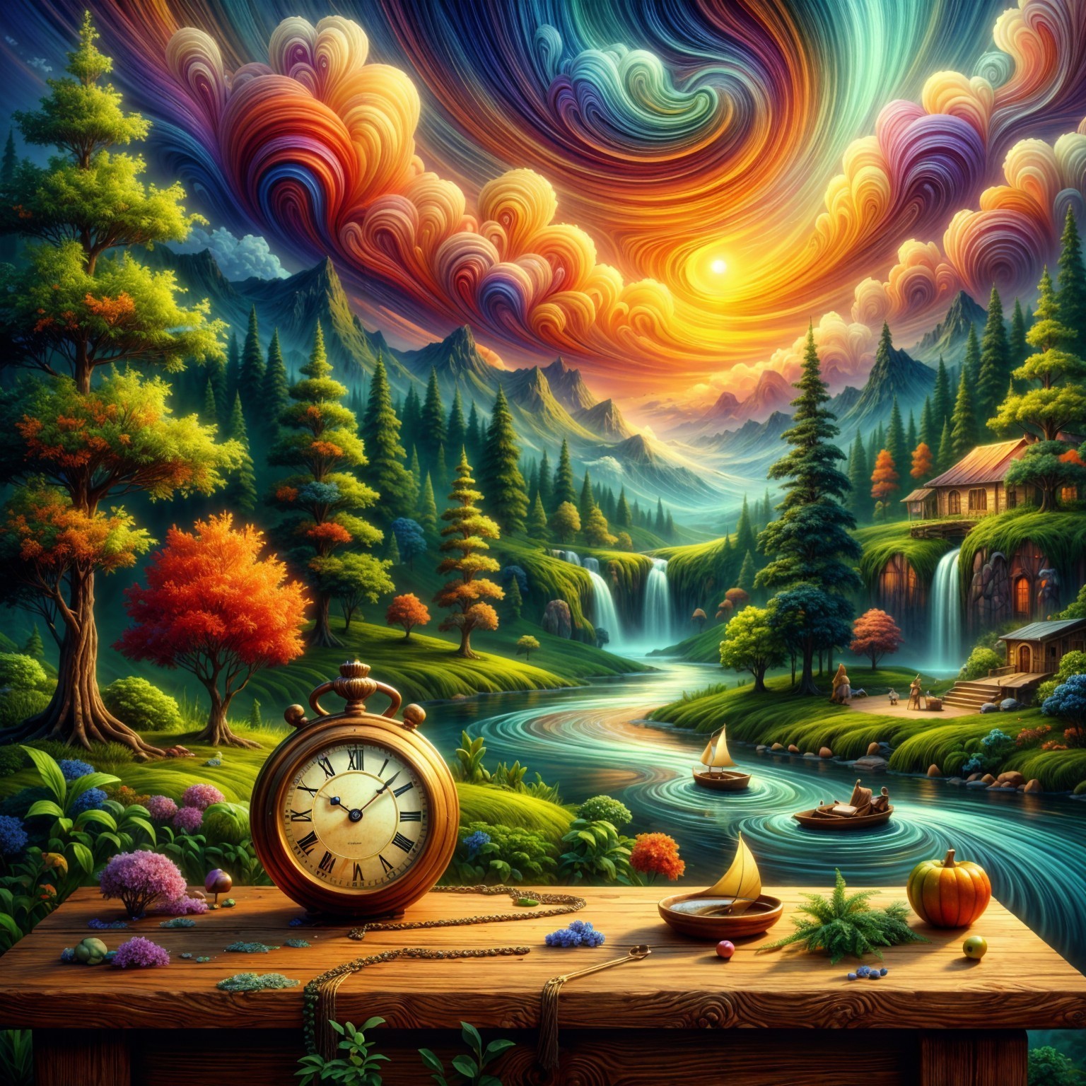 Vibrant Landscape with River, Mountains, and Clock