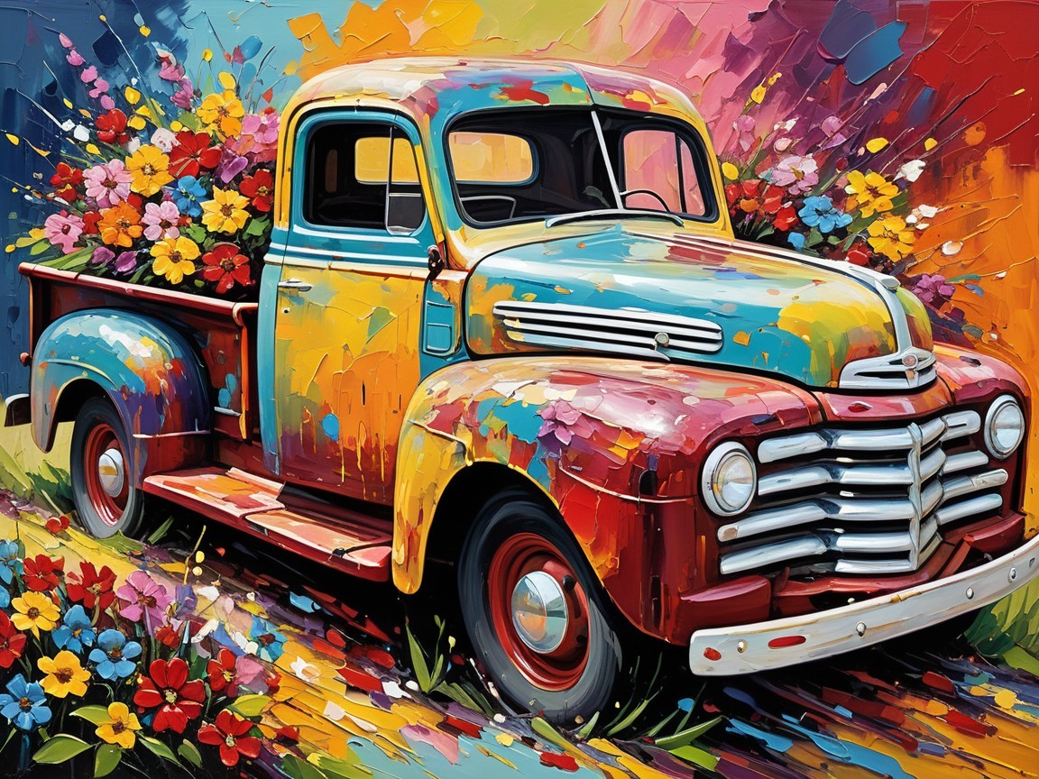 Vintage Truck with Colorful Flowers in Nostalgic Style