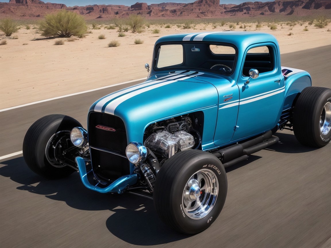 Vintage Hot Rod Truck on Desert Road with Racing Stripes