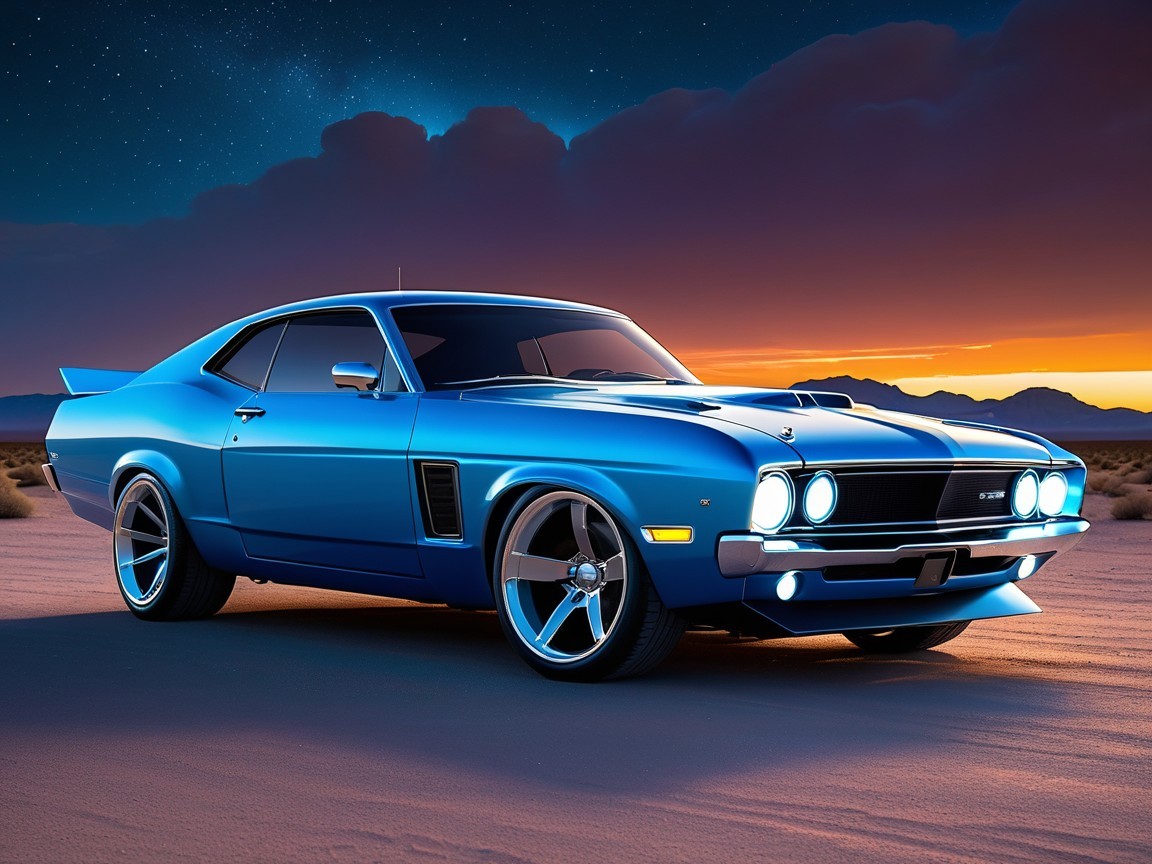 Classic Muscle Car Against Sunset in Vibrant Blue