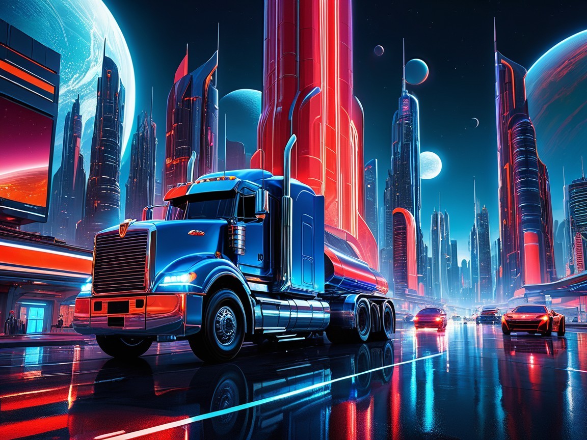 Futuristic Truck in Neon-Lit Sci-Fi Cityscape