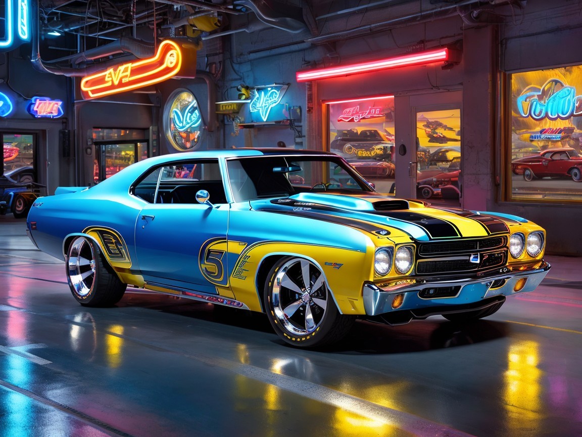 Classic Car in Retro Garage with Neon Lights
