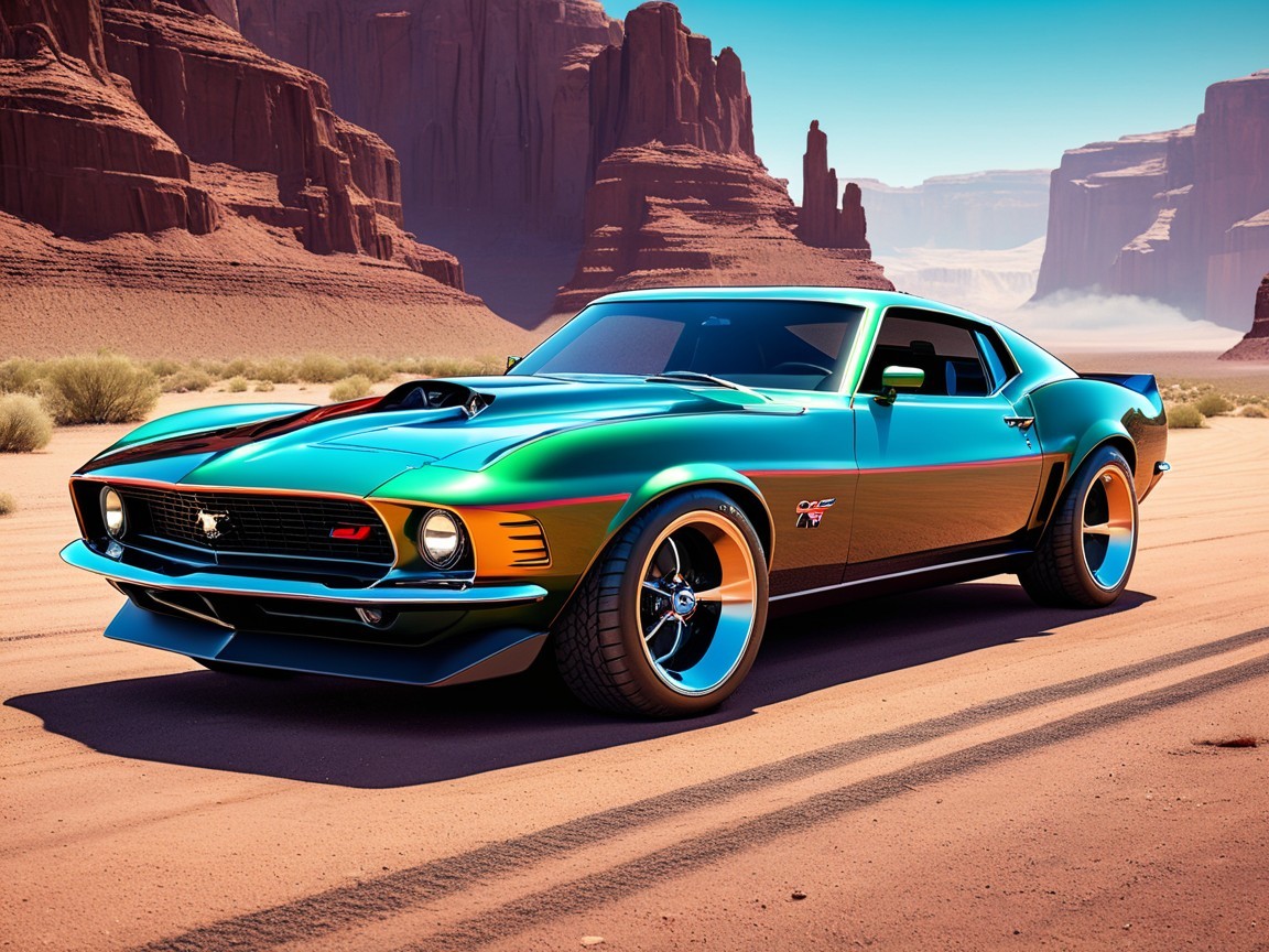 Vintage Mustang GT in Desert Landscape with Red Rocks
