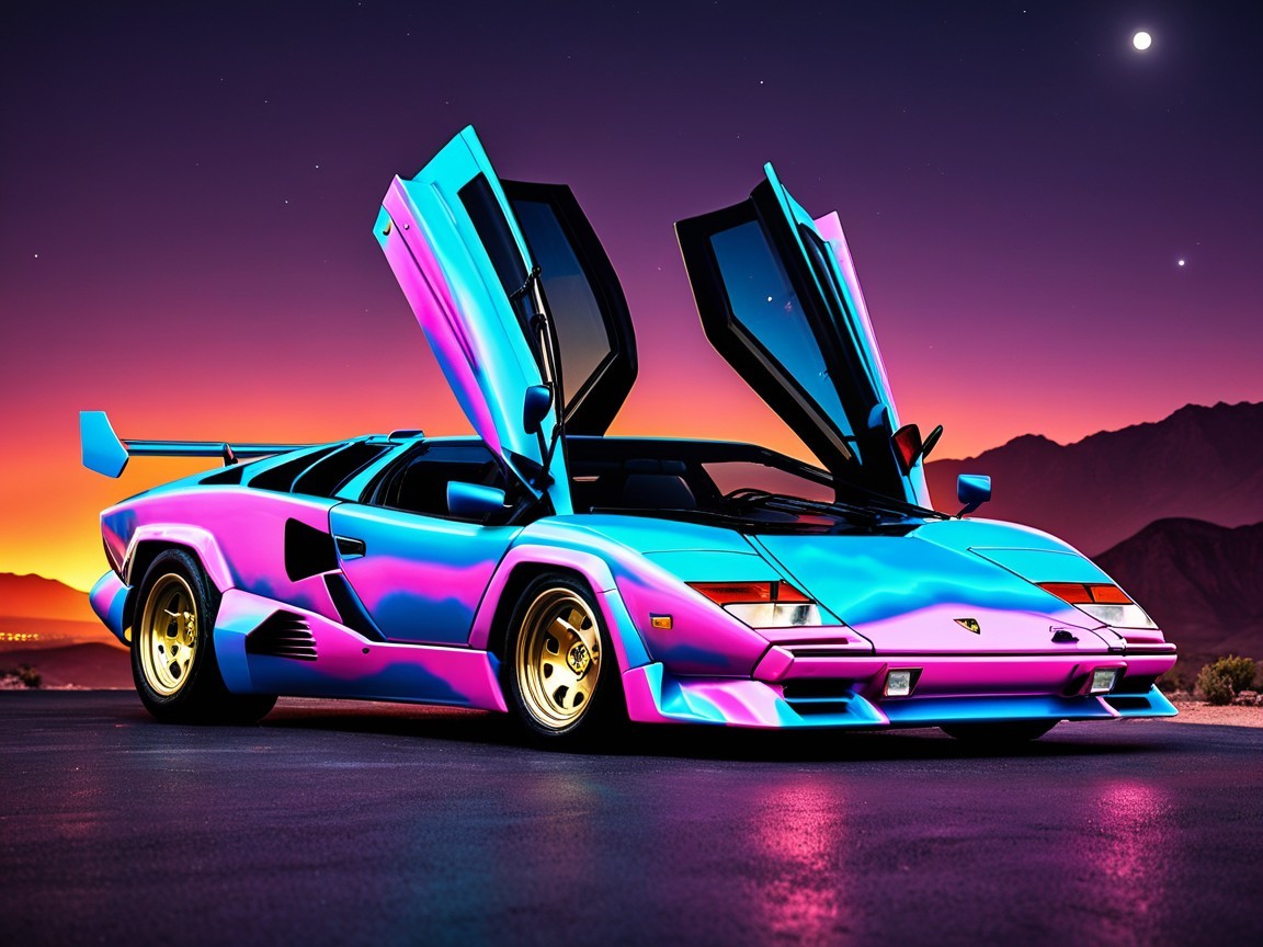 Retro-Futuristic Lamborghini in Pink and Blue at Sunset
