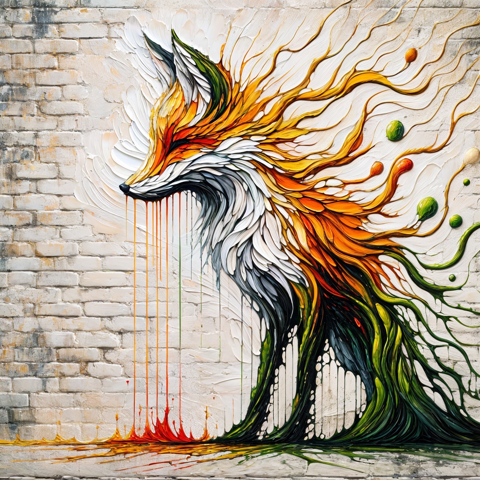 Vibrant Stylized Fox Emerging from Brick Wall