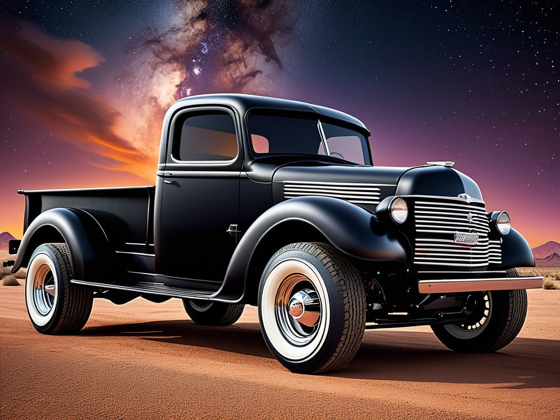 Classic Black Pickup Truck on Dusty Road at Night