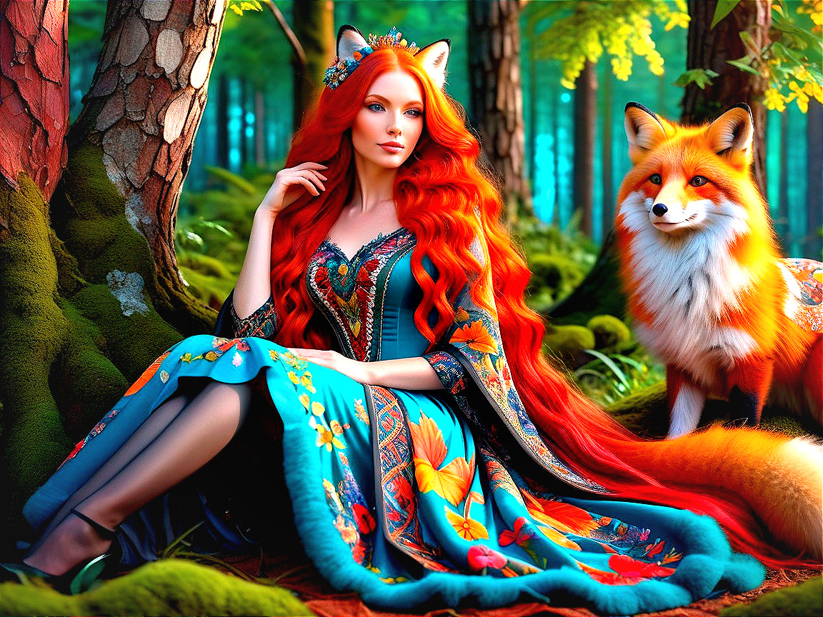 Woman in blue gown with fox in lush forest scene