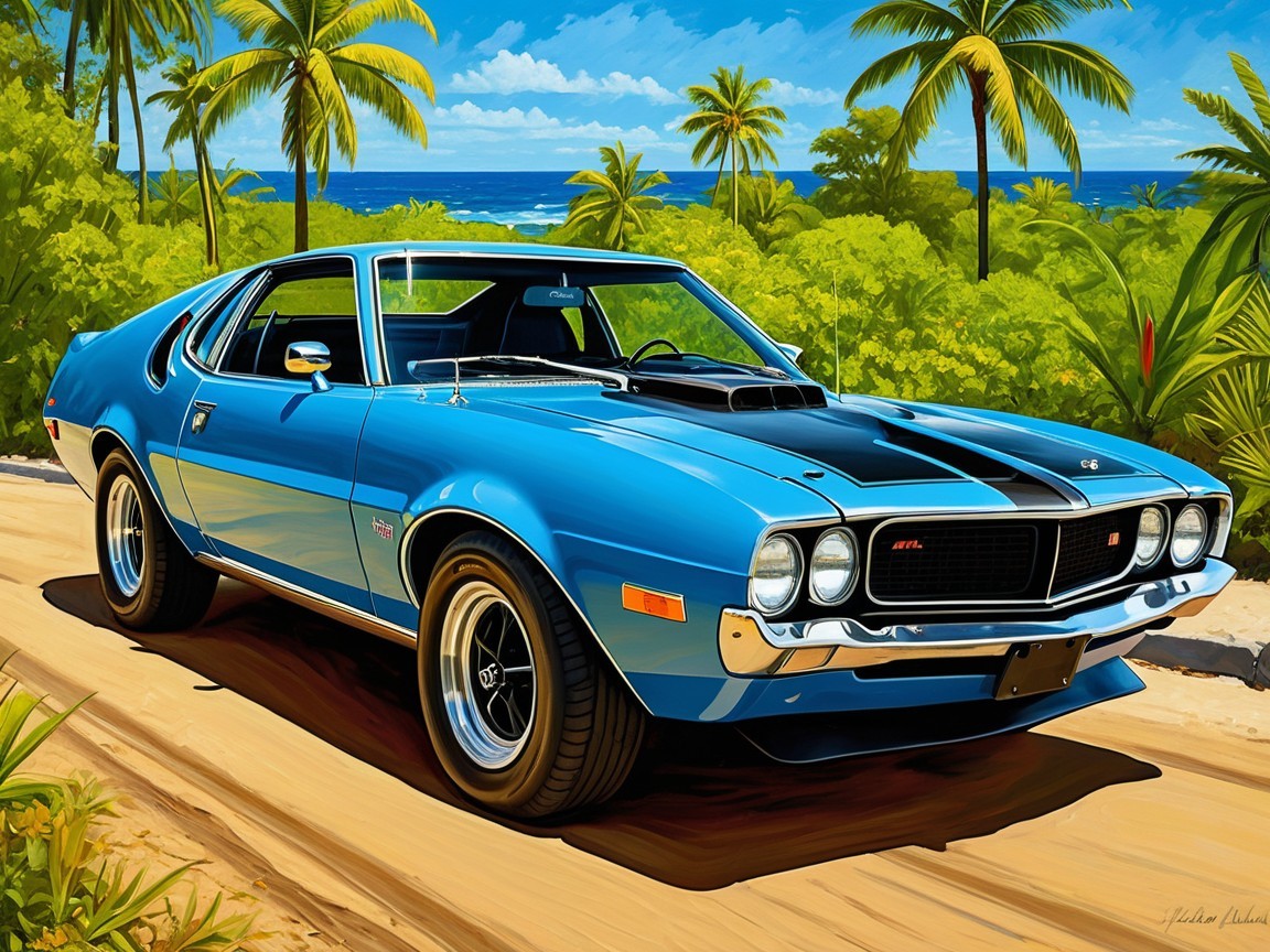 Vibrant Blue Classic Car Amidst Tropical Palm Trees