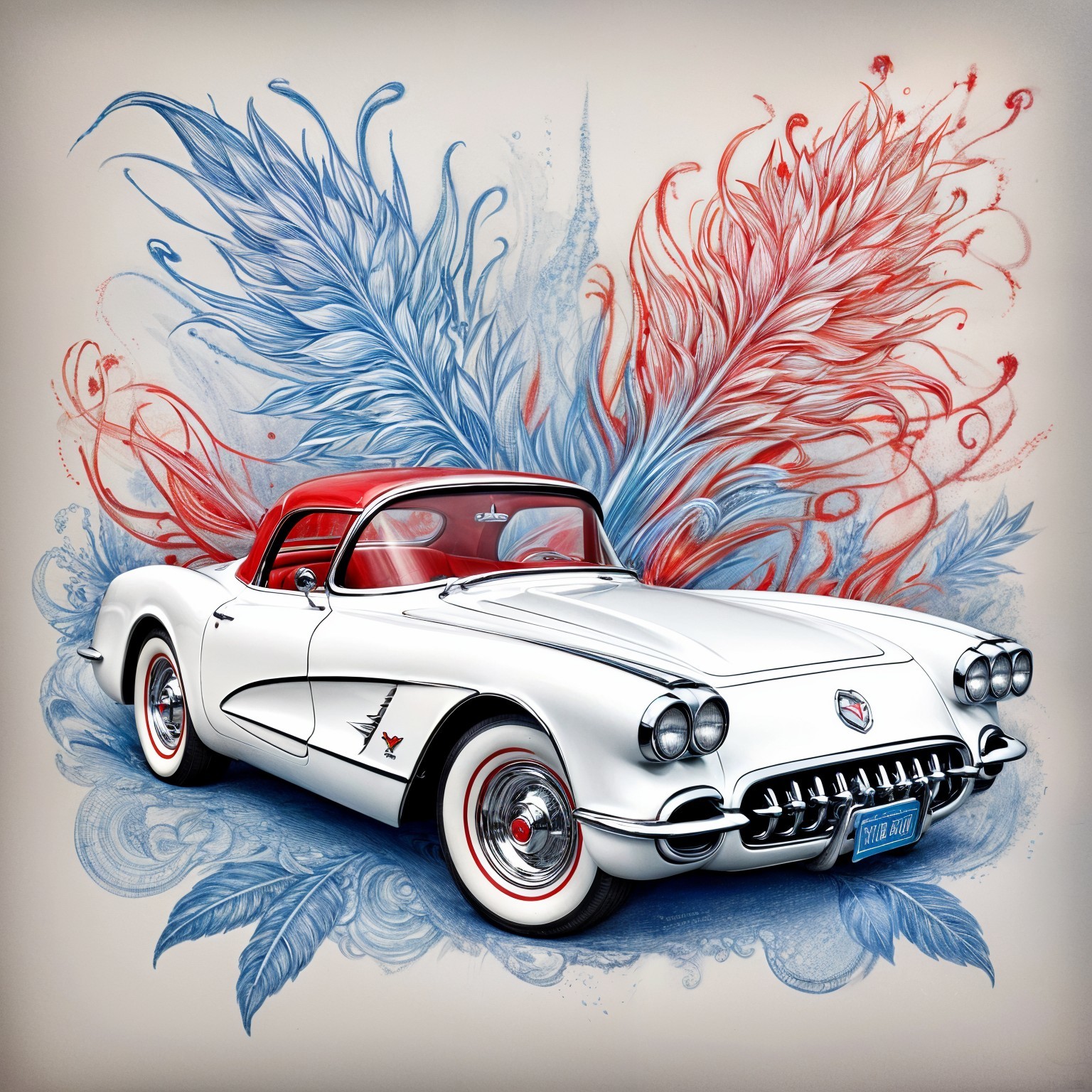 Classic White Corvette Convertible with Abstract Background