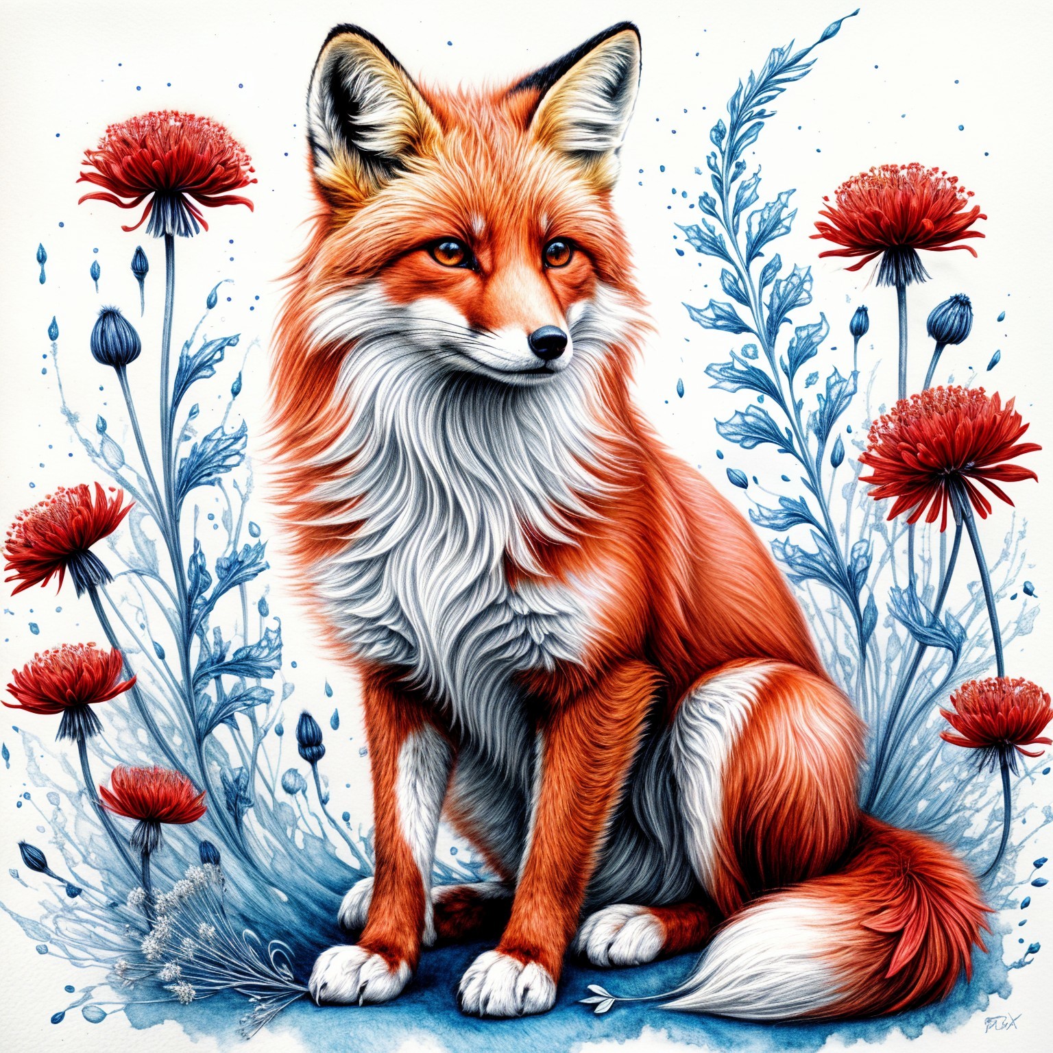 Vibrant Fox Surrounded by Blue and Red Flowers