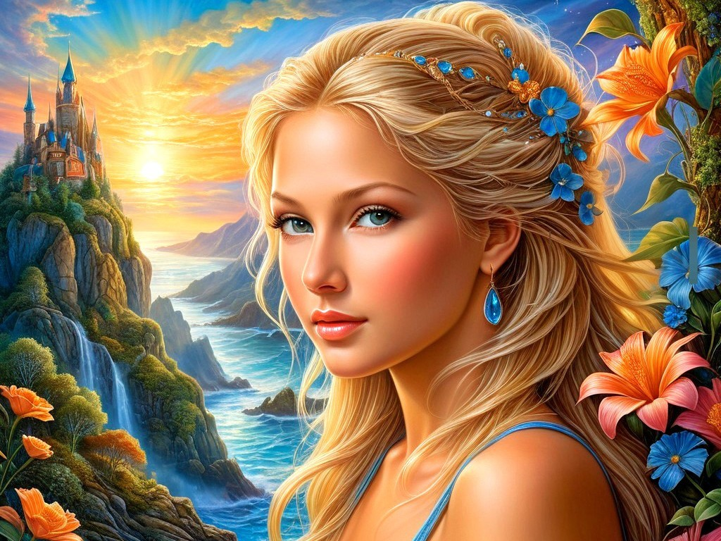 Vibrant Fantasy Painting of a Young Woman in Blue