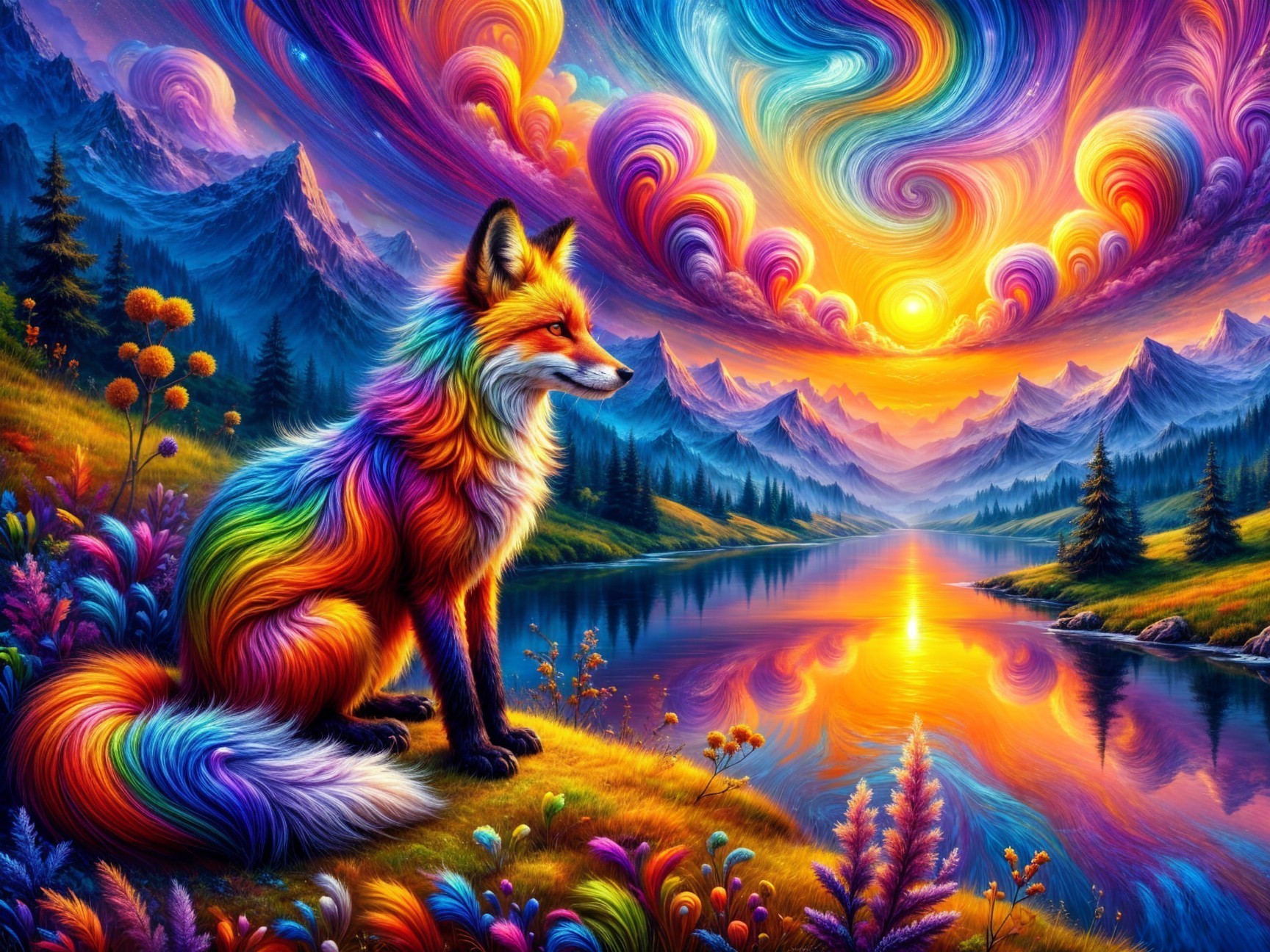Colorful Fox by Serene Lake at Sunset