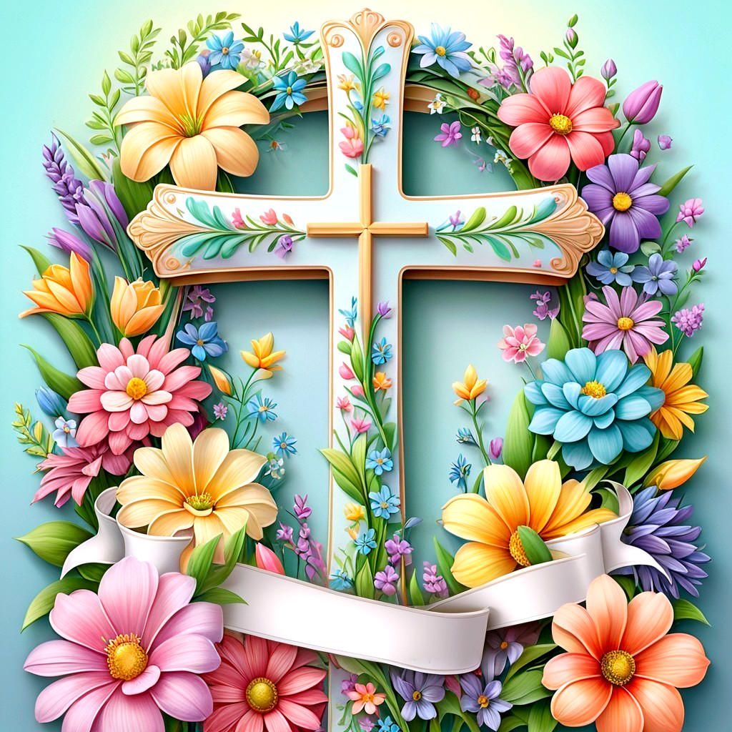Colorful Floral Cross Design with Blank Ribbon