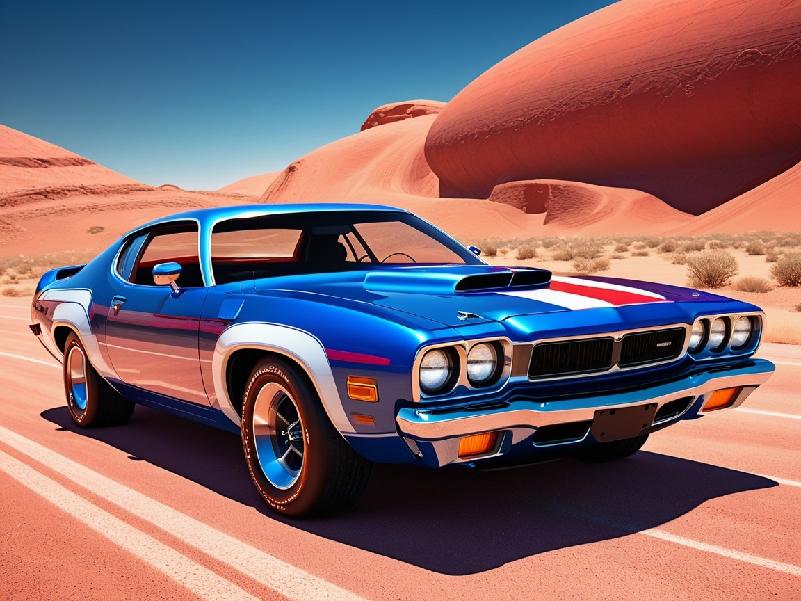 Vintage Blue Muscle Car in Desert Landscape