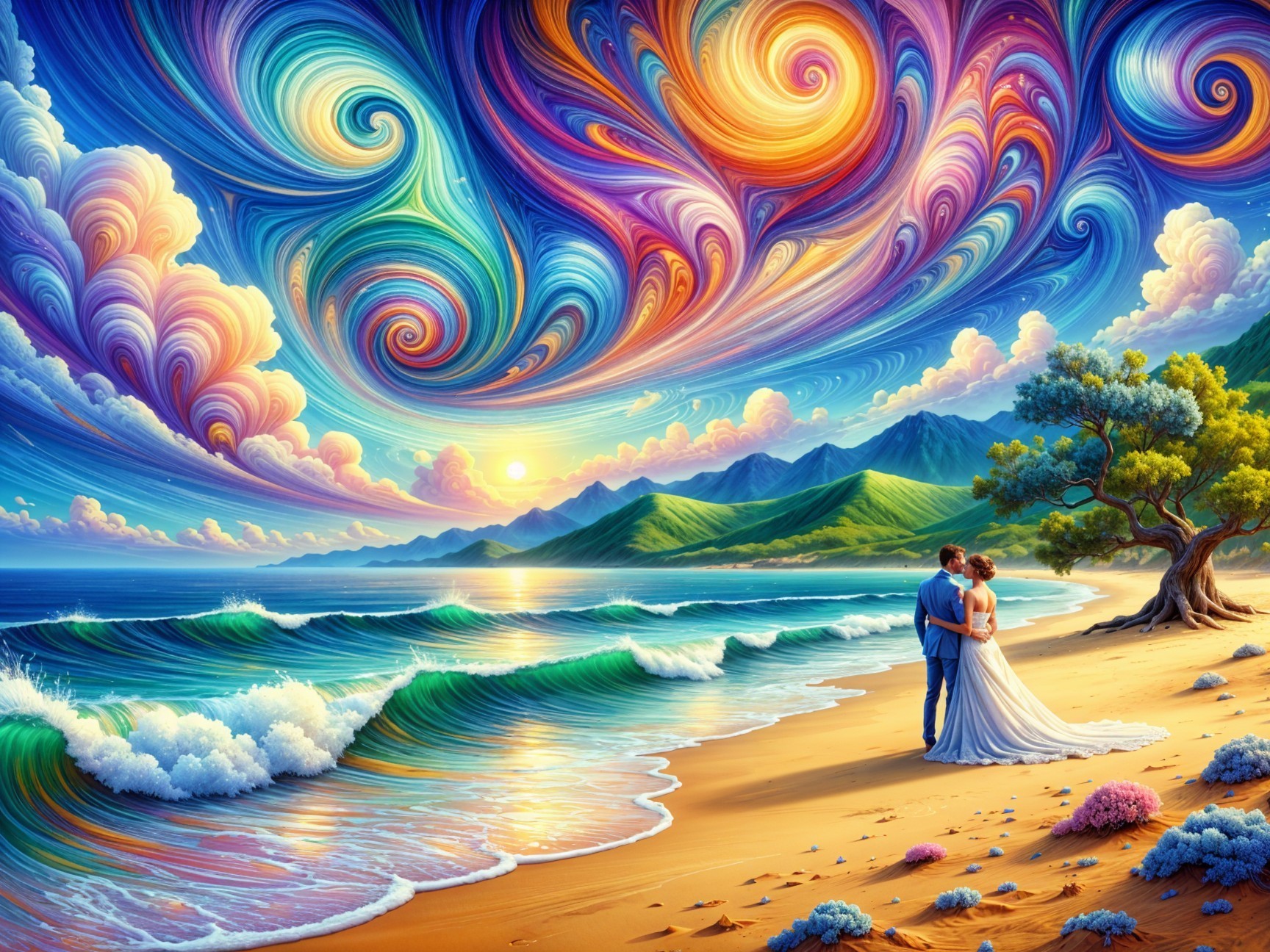 Couple on a Beach at Sunset with Vibrant Waves