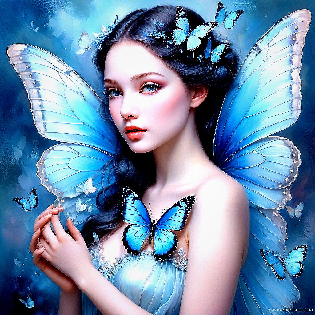 Dark-haired fairy with glowing blue butterfly wings