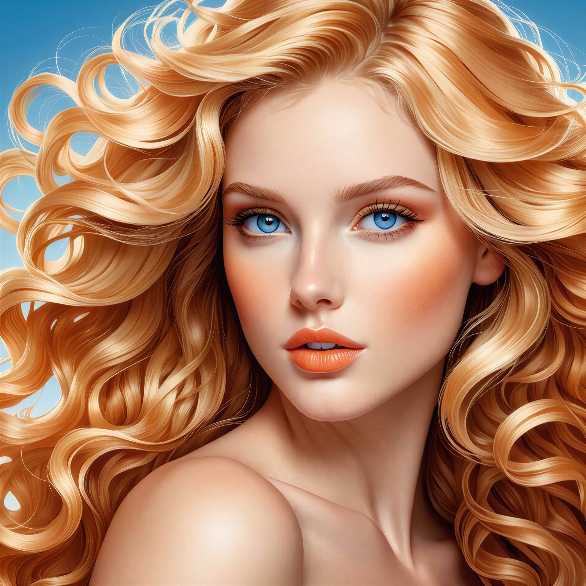 Headshot of a young woman with blue pupils and glow