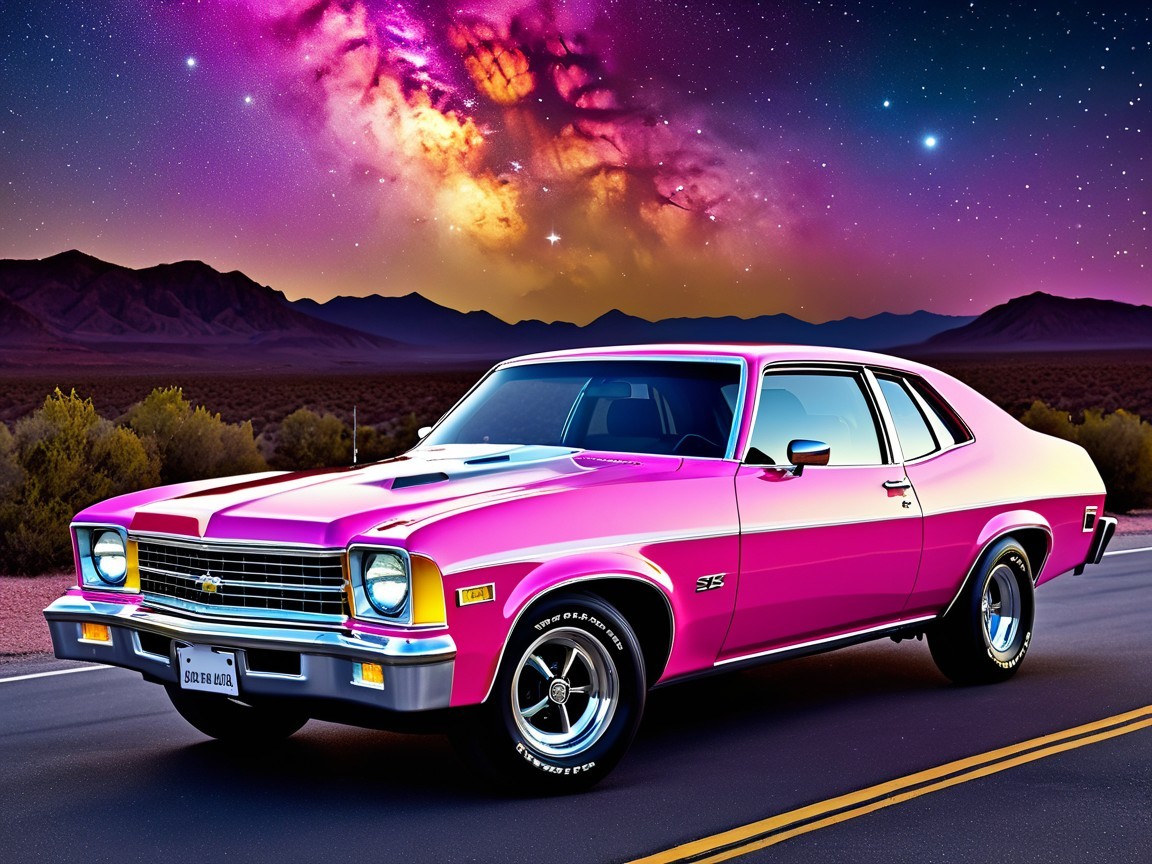 Classic Chevy Nova with Pink Paint in Cosmic Setting