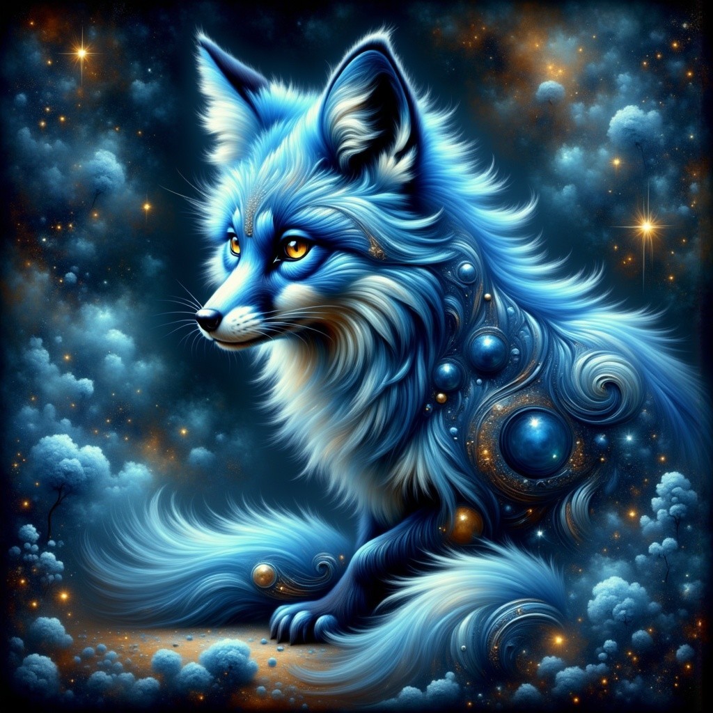 Blue Fox Against Cosmic Backdrop with Celestial Patterns