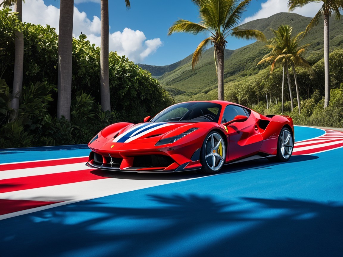 Vibrant Red Sports Car on Colorful Striped Roadway
