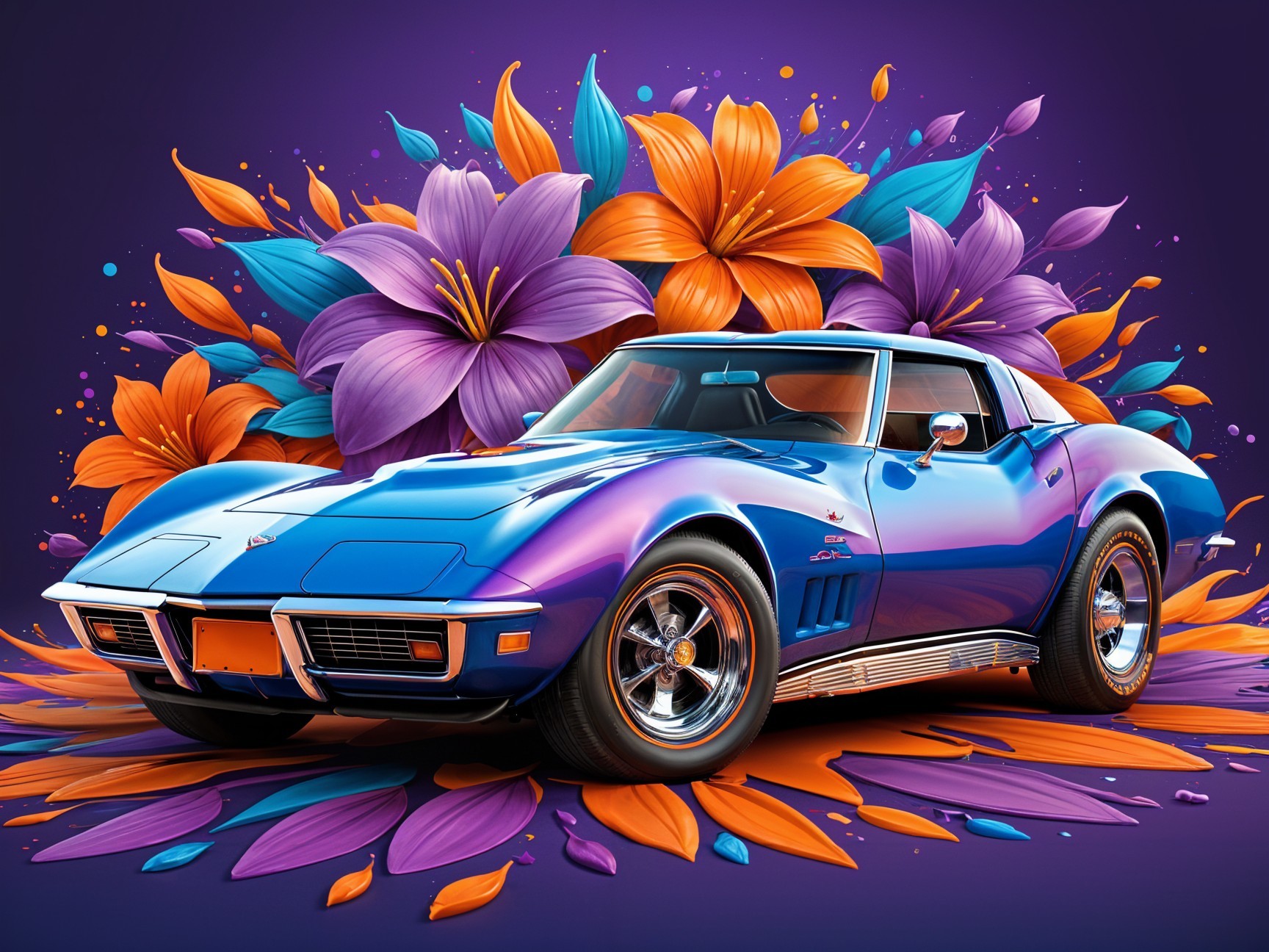 Vintage Corvette Against Colorful Floral Background