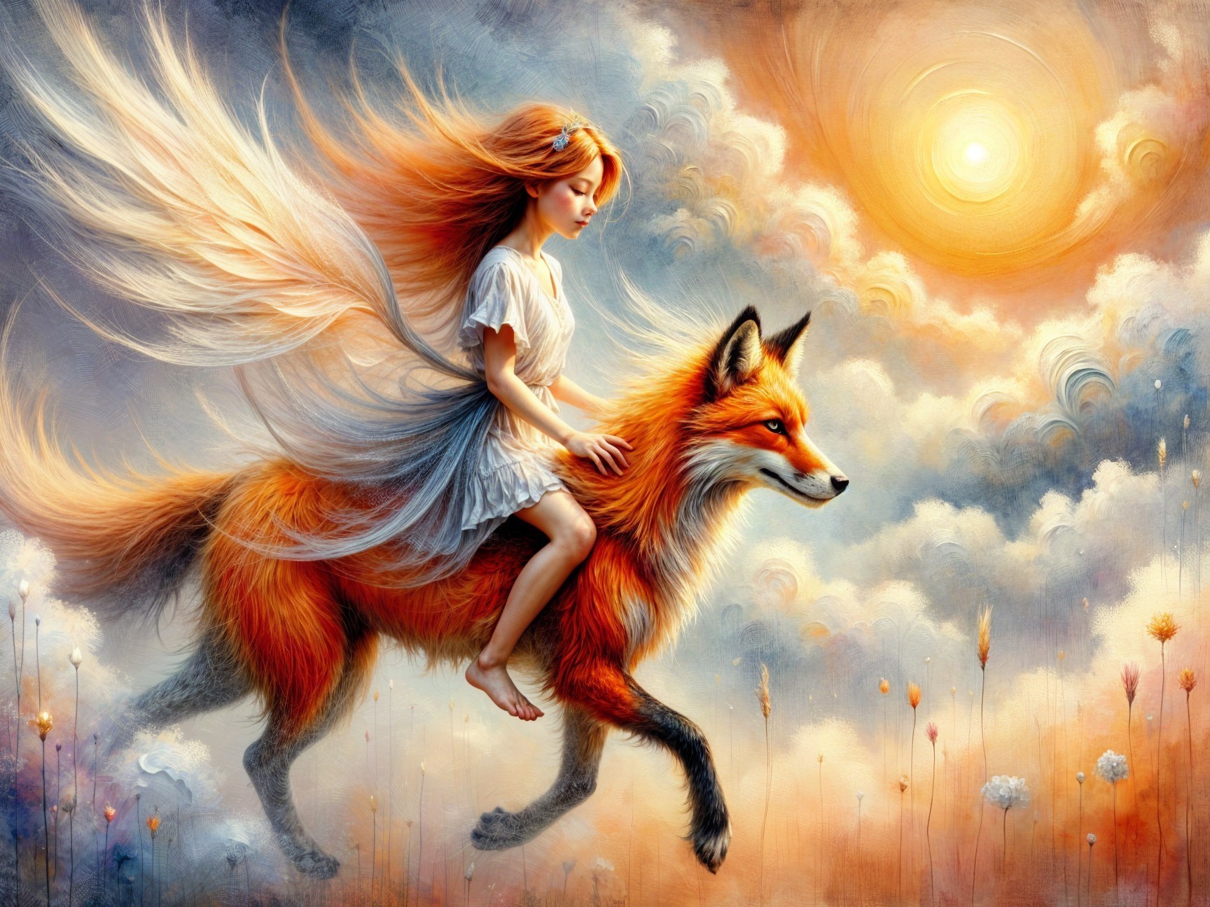 Young girl rides orange fox in vibrant sunset scene