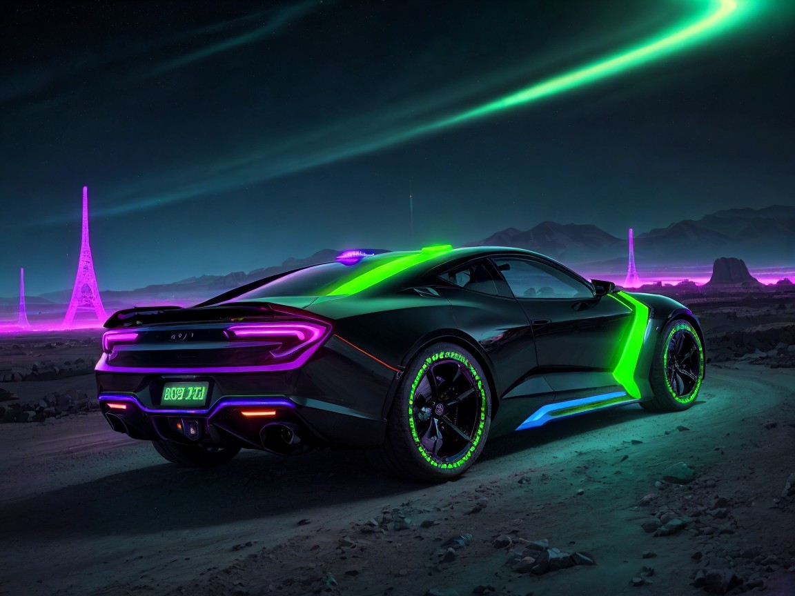 Sleek Black Sports Car in Futuristic Landscape