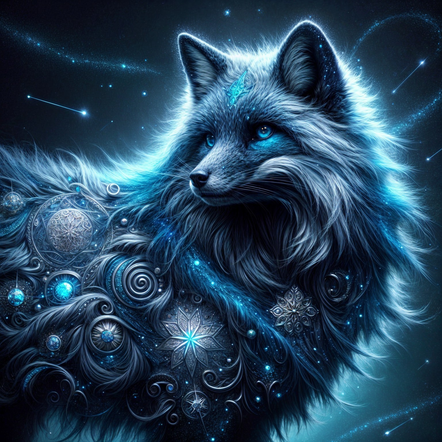 Majestic blue-furred fox in a cosmic setting