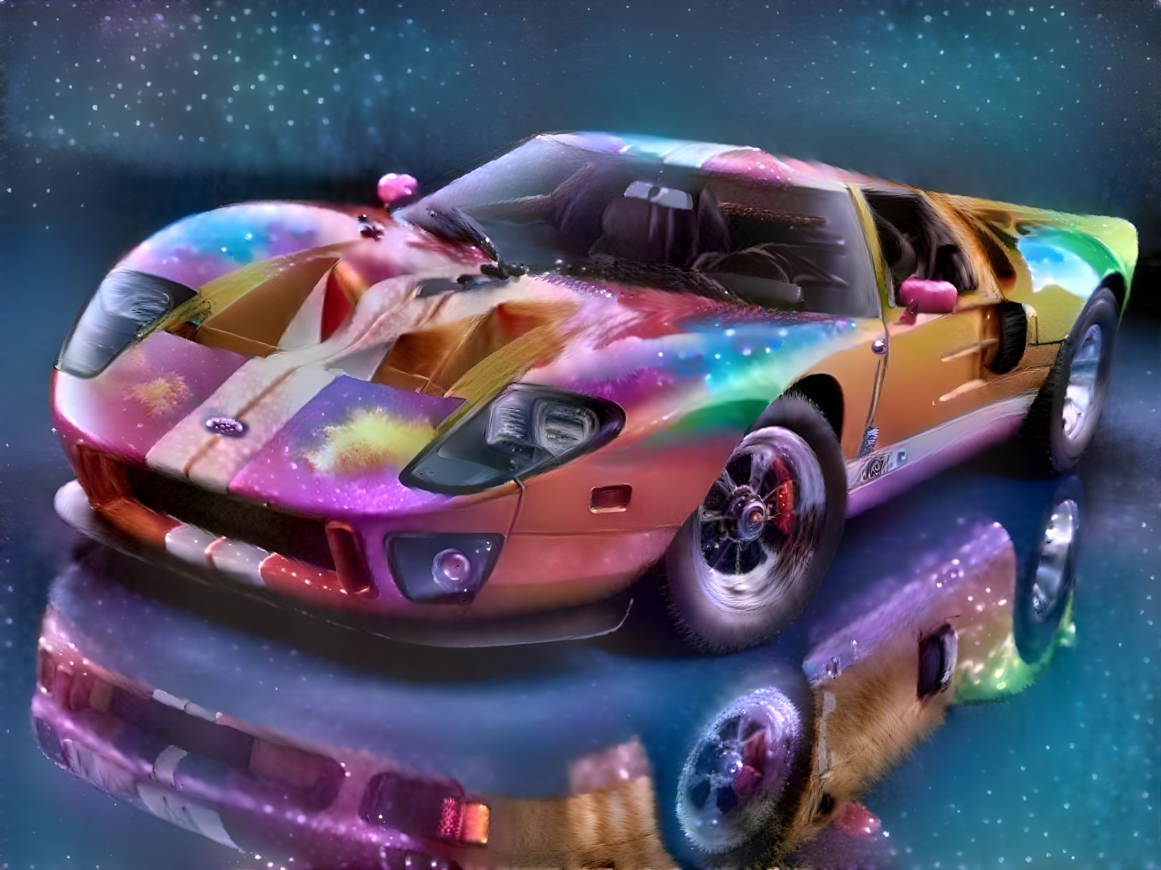 Vibrant Cosmic-Themed Sports Car Against Starry Background