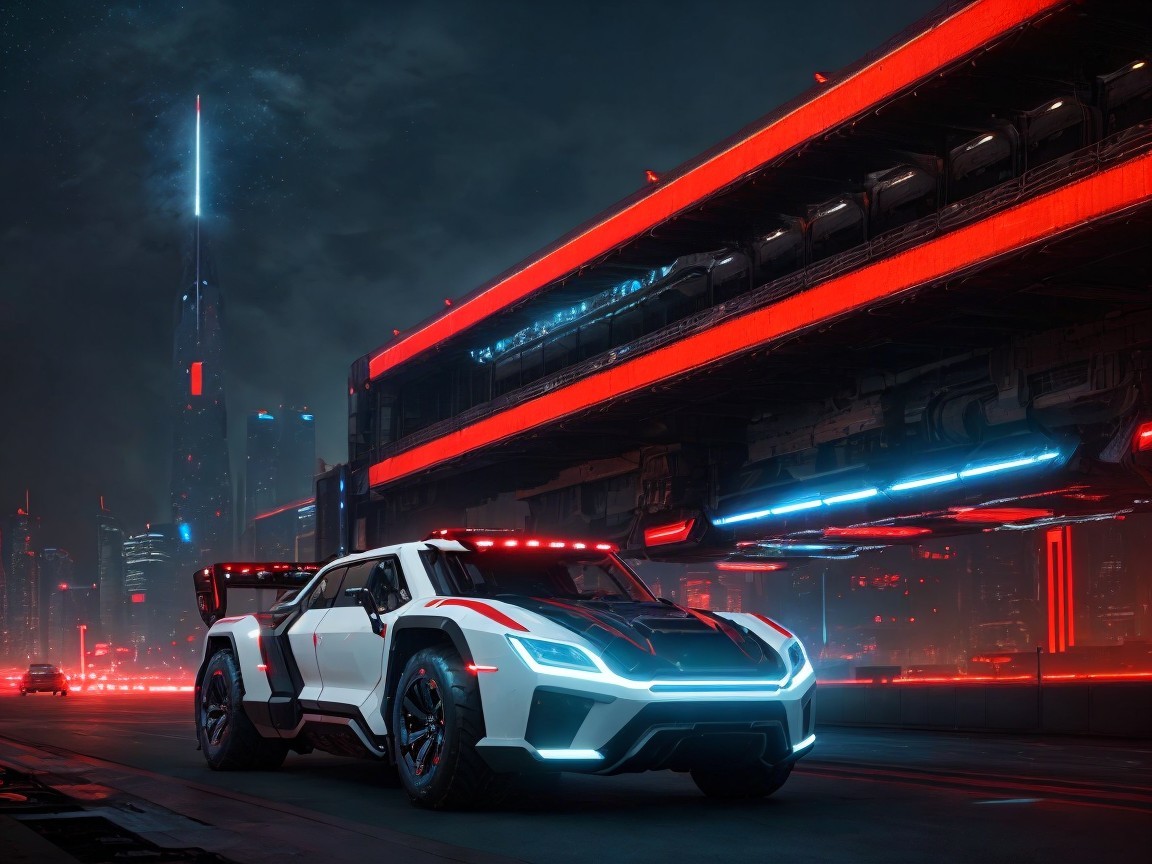Futuristic Car in Neon-Lit Urban Cyberpunk Setting