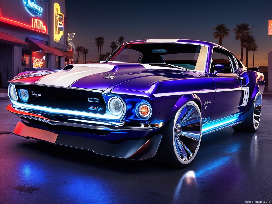 Modified classic car under neon lights at twilight