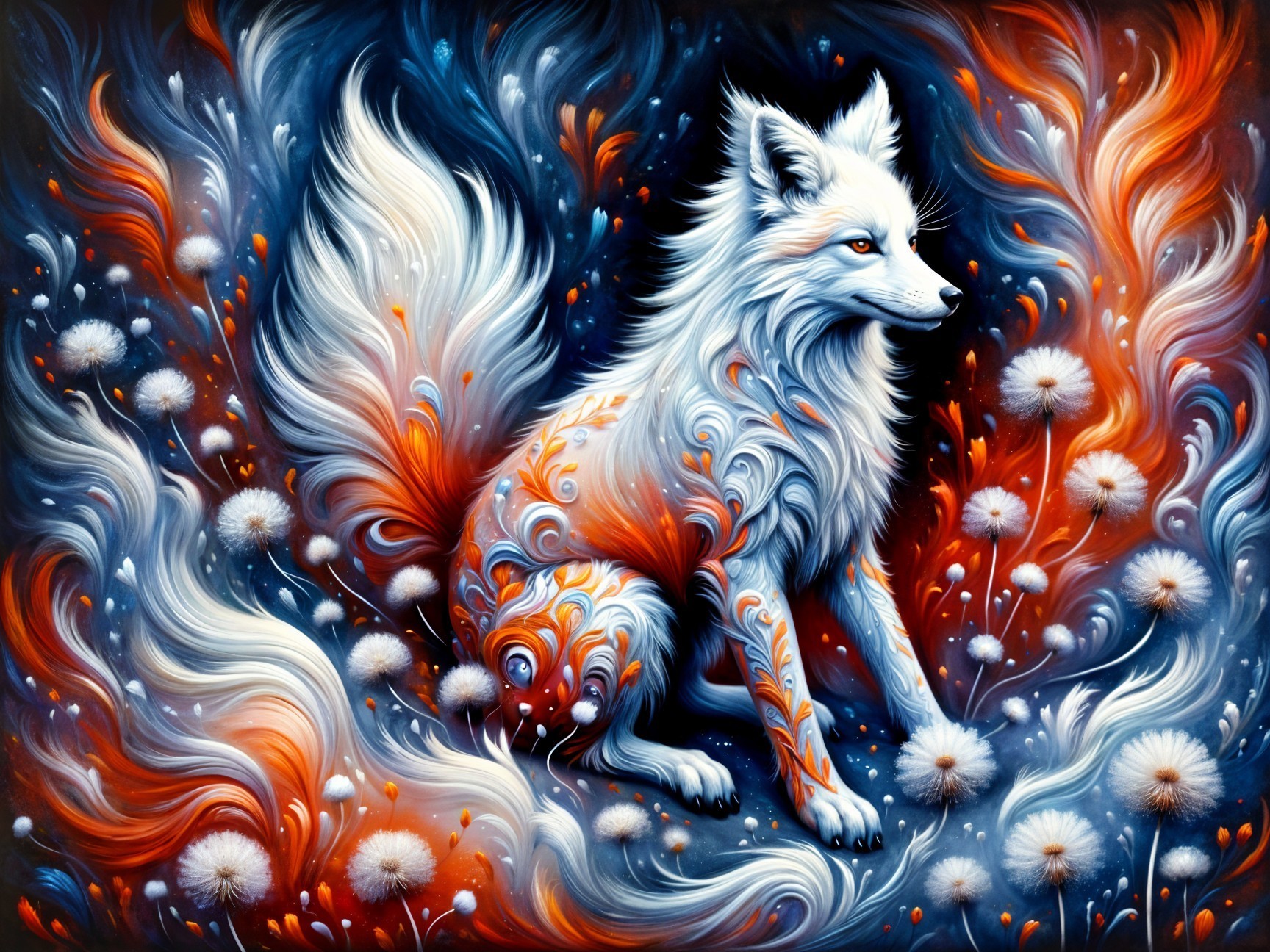 Majestic white fox against vibrant swirling background