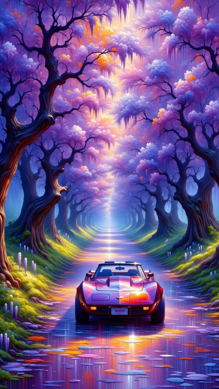 Surreal Landscape with Purple Trees and Sports Car