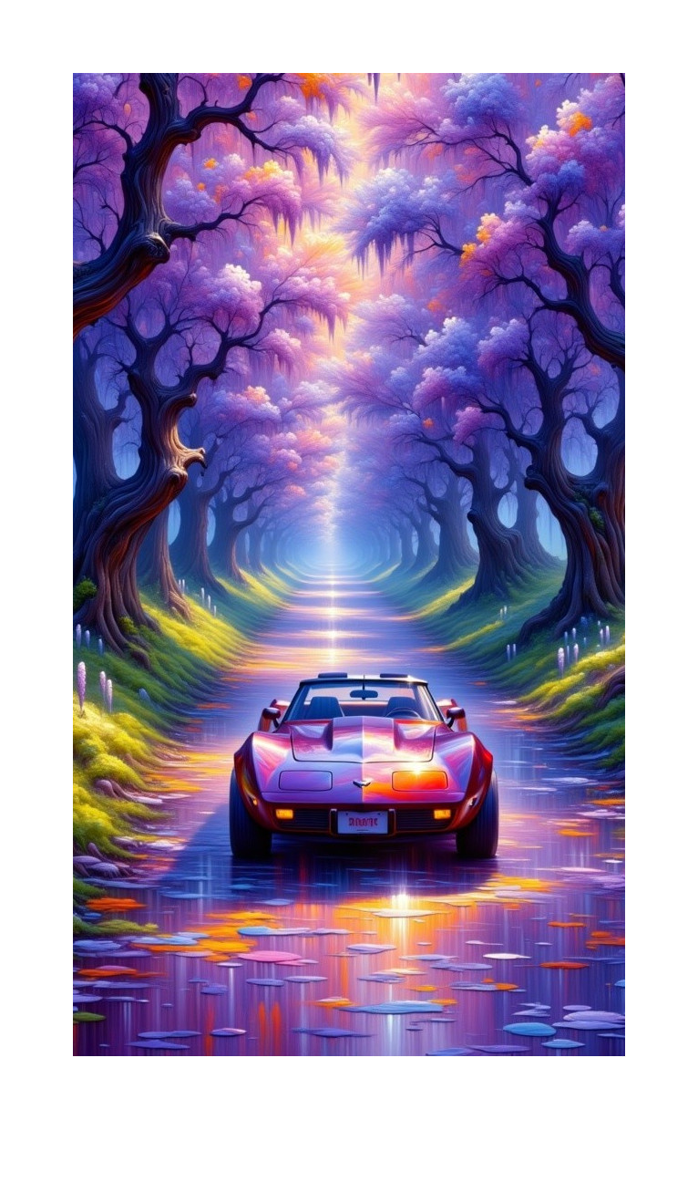 Surreal Landscape with Purple Trees and Sports Car