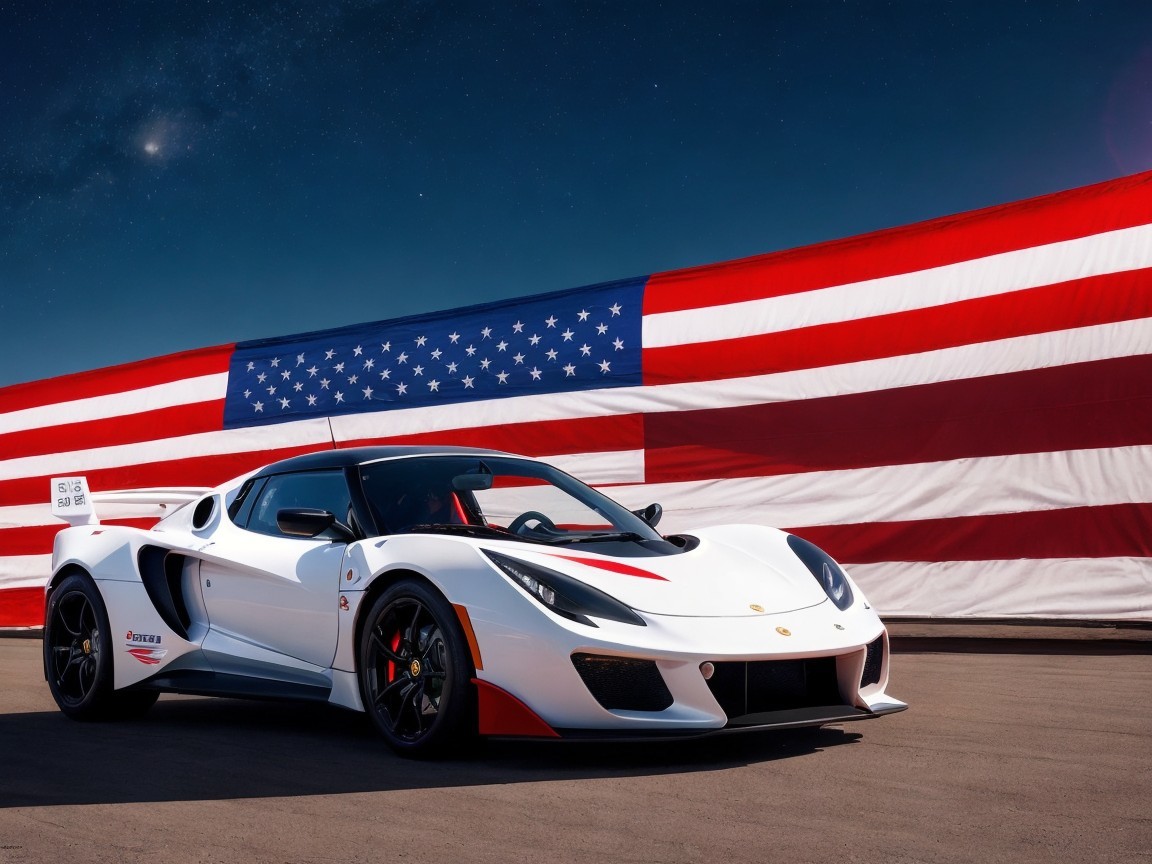 High-Performance Sports Car Against American Flag