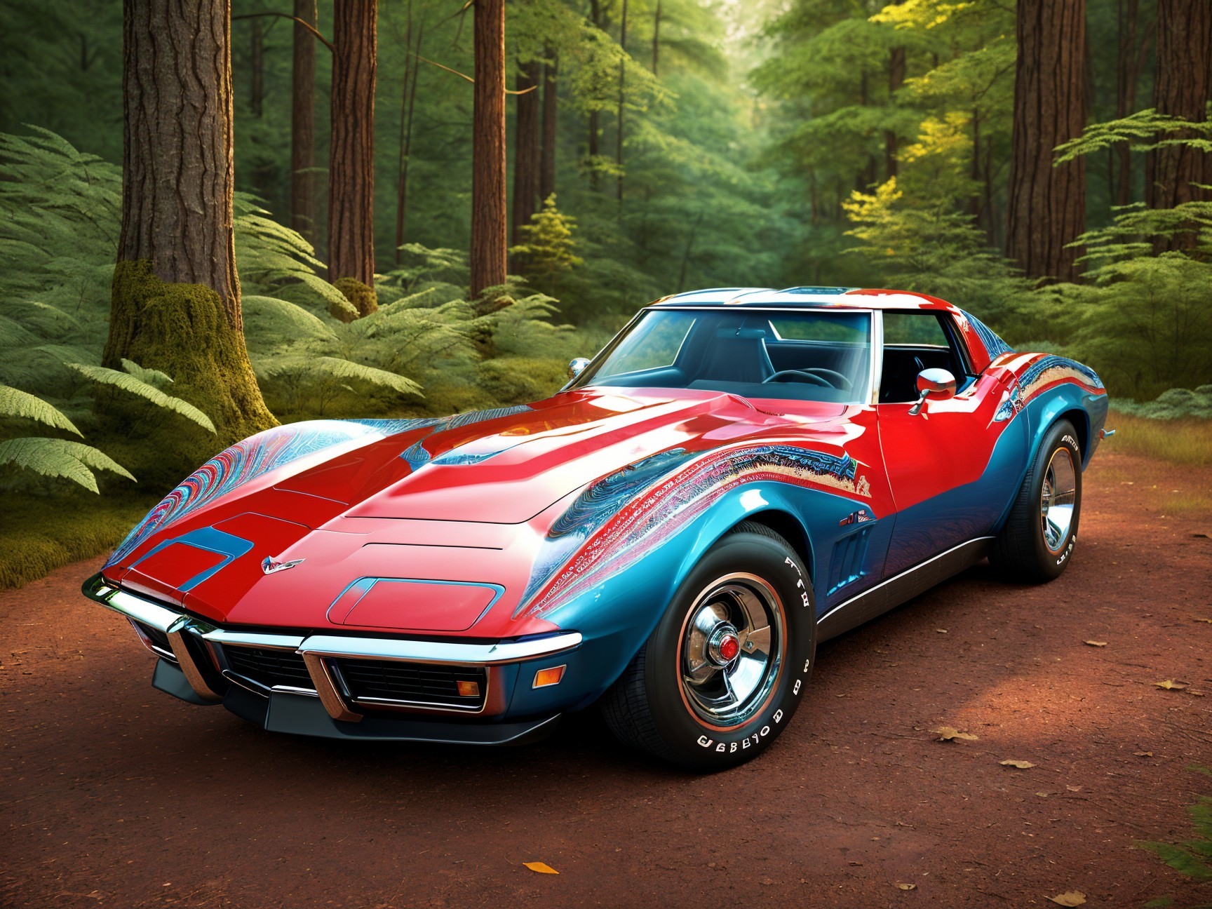 Corvette Sports Car in Vibrant Red and Blue Paint Job