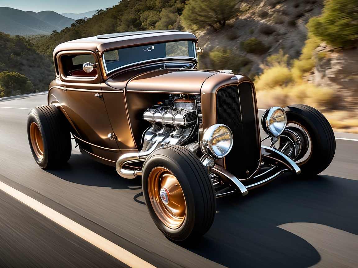 Vintage Hot Rod on Winding Highway with Mountains