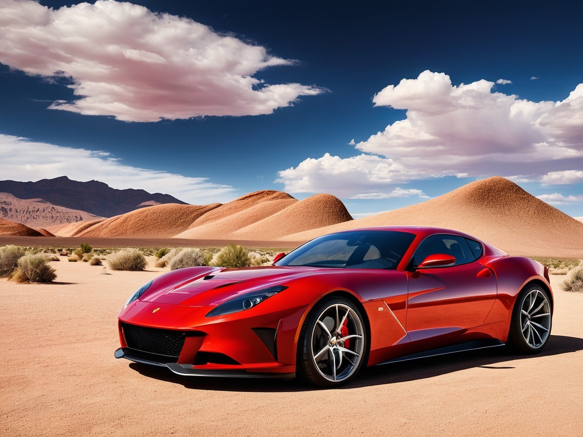 Red Sports Car in Desert Landscape with Sand Dunes
