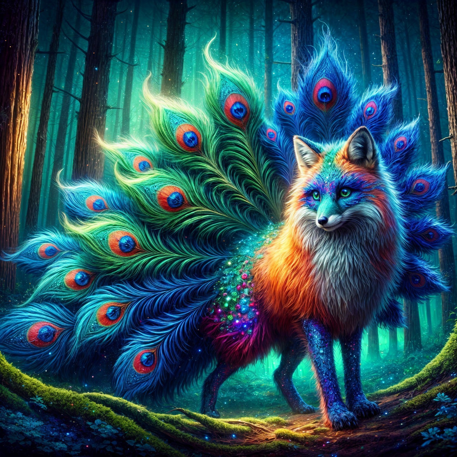 Enchanted Forest Creature with Peacock Plumage