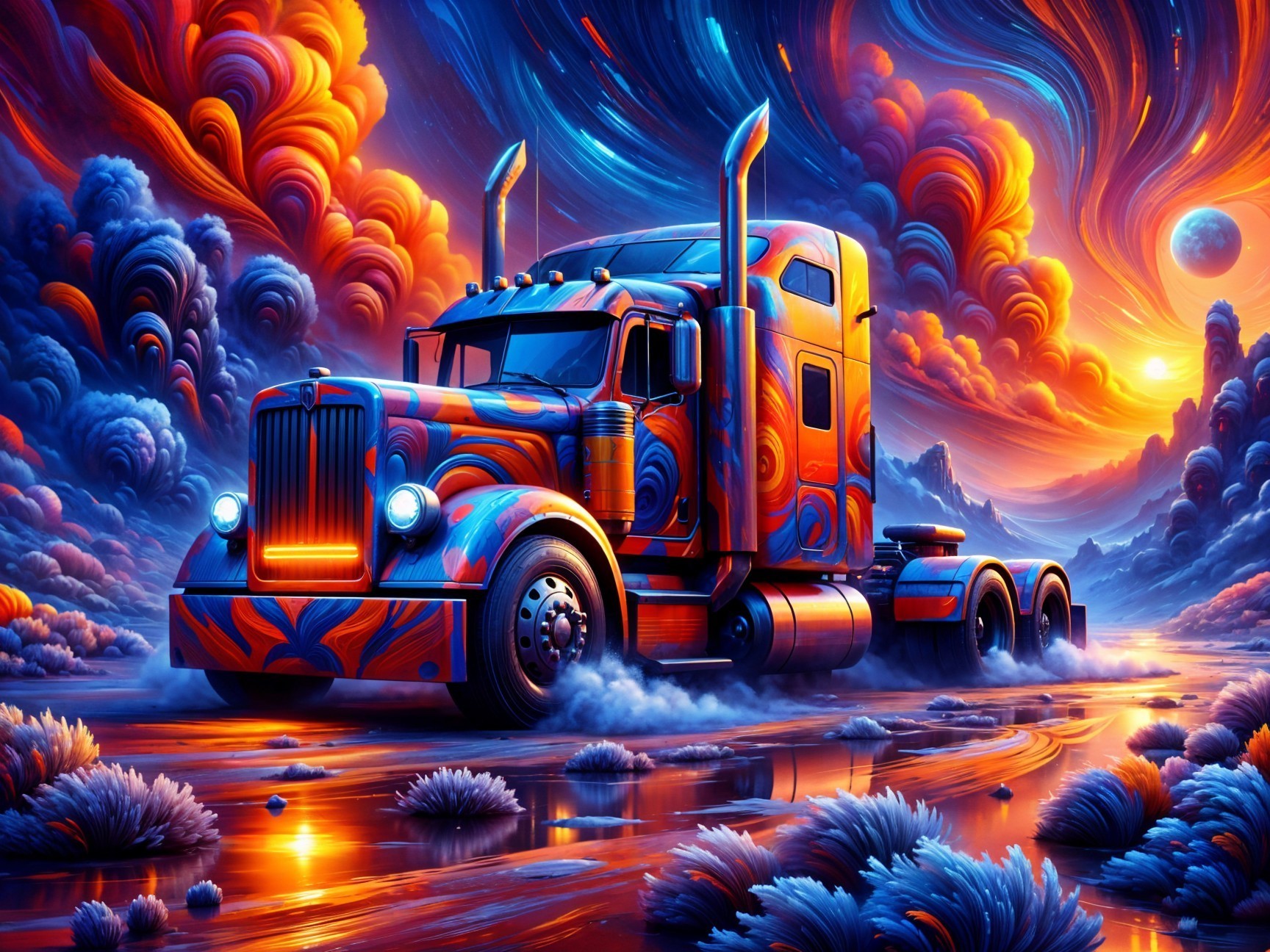 Stylized Truck in Dreamlike Colorful Landscape