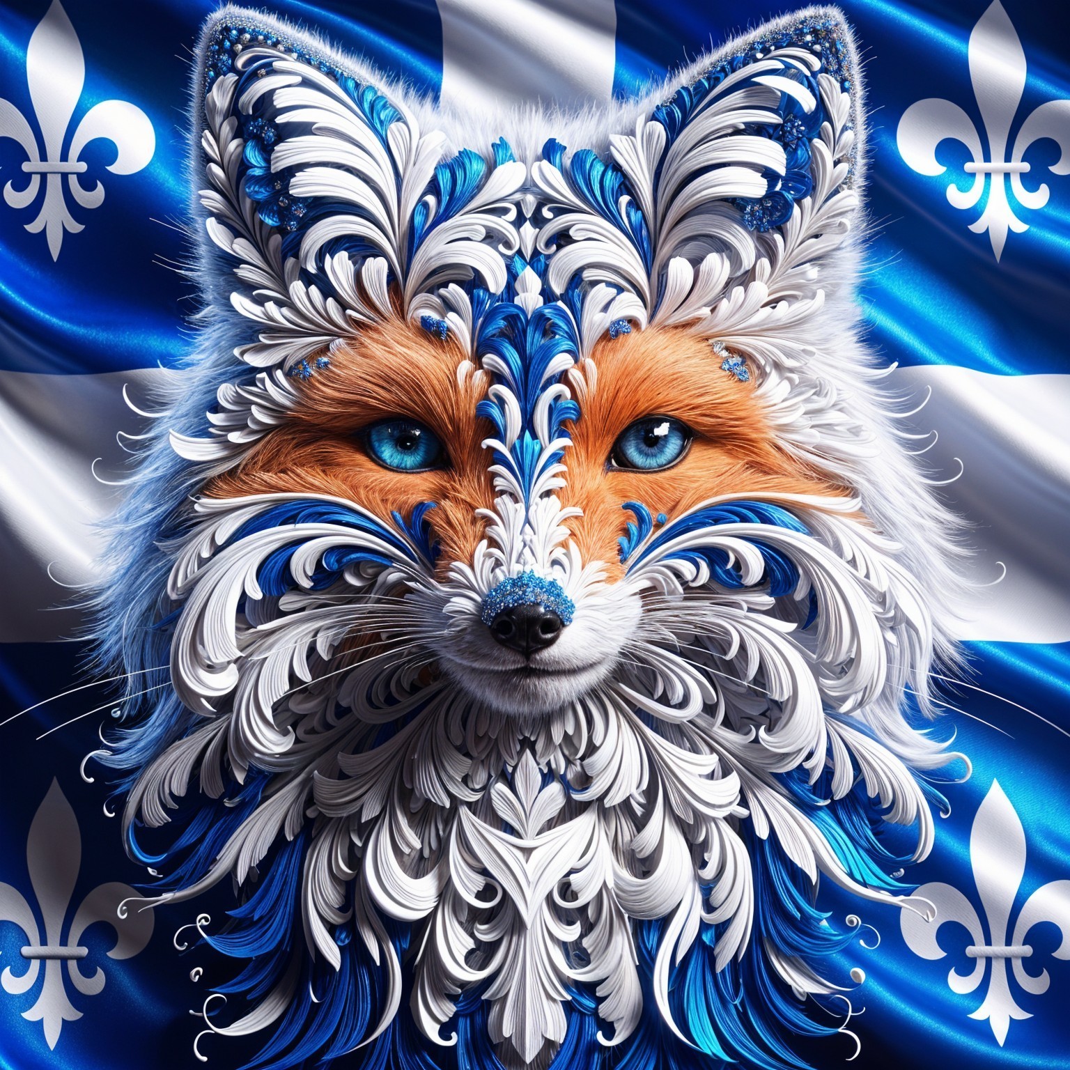 Majestic fox with floral patterns on fabric background