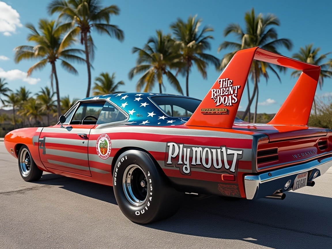 Plymouth Car with American Flag Design and Palm Trees