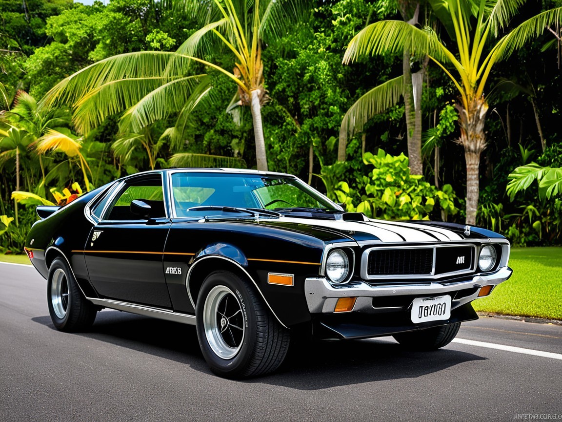 Vintage Black Sports Car on Tropical Road with Palm Trees